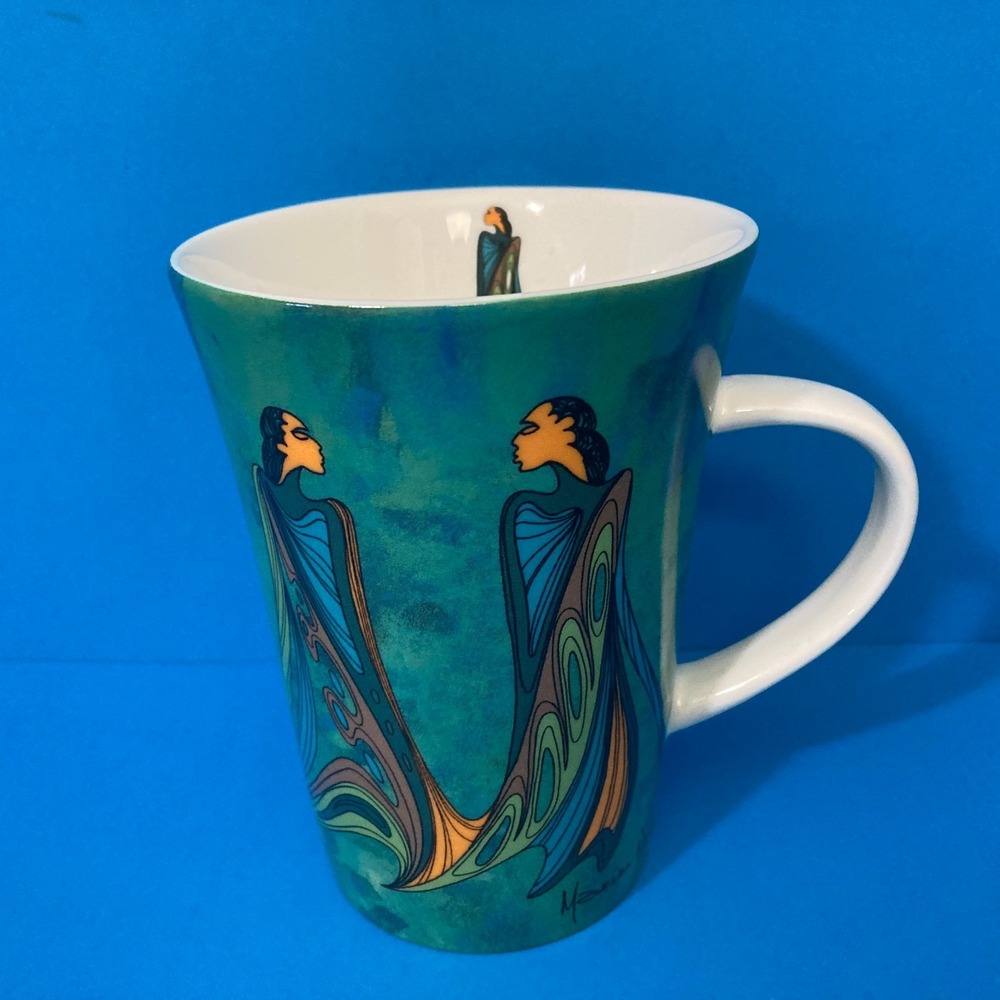 Maxine Noel Oscardo "Friends" Porcelain Mug Indigenous Sioux Artist Teal Green